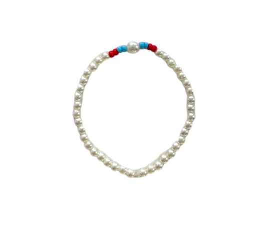 "Red, Blue, Pearl" Beaded Bracelet